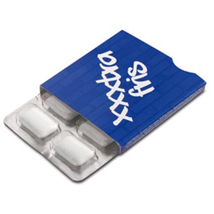 Promotional Chewing Gum Blister Packs supplied with 6 pieces of sugar-free spearmint chewing gum (with 30% Xylitol) per packet. With a great 18 month shelf-life. The card cover can be printed all-over, maximising the print area and so the exposure of your brand or logo every time you freshen your breath.				