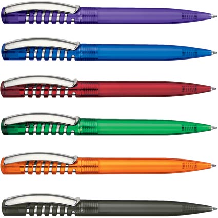 Promotional New Spring Clear Pen has an innovative  push-cap mechanism with a high gloss translucent barrel, large metal clip and metallised inner push-button. This quality Senator pen comes with a plastic G2 super large capacity black ink refill.																				
