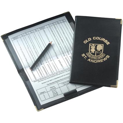Promotional Gleneagles leather scorecard holder. Luxury leather scorecard holder printed one colour with handicap chart, gilt edges to all four corners and a slim-line pencil.
 																				