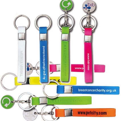 Promotional printed or embossed silicon keyring fob. Our silicon keyring boasts elements of our silicon wristband, with a wide range of standard colours or literally millions of PMS to choose from our silicon strap keyrings are sure to match your company logo, name or brand colours. The possibility of adding additional fittings to create a totally unique key ring that is affordable to any budget.								