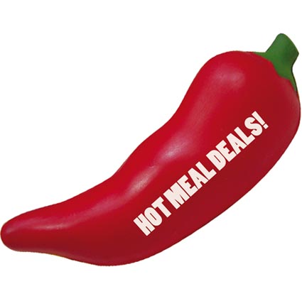 Printed stress chilli for that alternate promotional product. Our fruit and veg stress products are great for all kinds of promotions. From the promoting of healthy eating and other food & catering promotional activities the stress chilli is ideal. Perfect for markets, restauranuts, local authorities, green grocers, supermarkets etc. Equally ideal for gyms, sports, health & fitness clubs etc!

																				