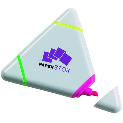 Promotional Trio Highlighter, a highlighter pen featuring three colours in one triangular shaped marker. Bright yellow, pink and green tips to help with studying, keeping notes organised, marking important sections of documents and much more. An excellent low cost promotional item thats priced to suit a budget.																						