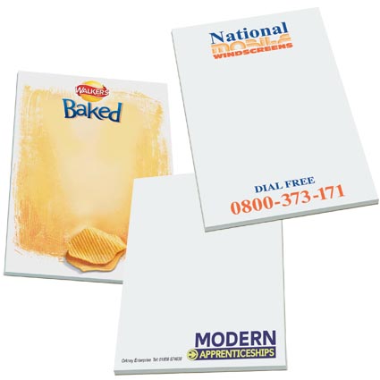 Promotional A5 Note Pad that contains 50 sheets of 80gsm paper and comes glued to a standard backing board. Classic sized printed note pads that can have simple logos and company details or eye catching designs.							
