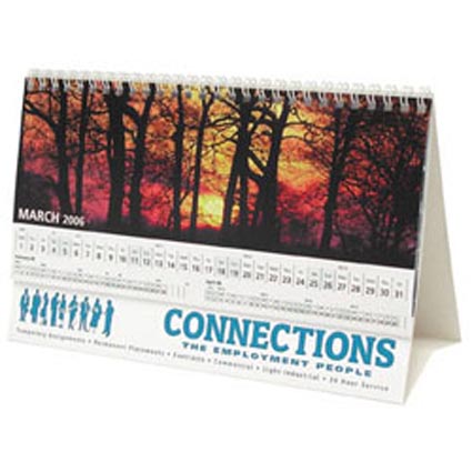 Promotional Panorama Easel Calendar containing 14 sheets white gloss paper printed to both sides of each sheet, 14 different designs including 12 different months of the year plus front cover and back sheet. Wiro bound on the long edge to a plain (unprinted) white gloss card.Stock calendar images available with various themes to choose from or you can use your own hi-res images (&pound;80.00 set up handling charge applies).  Supplied with separate white self-seal envelope to suit.																				