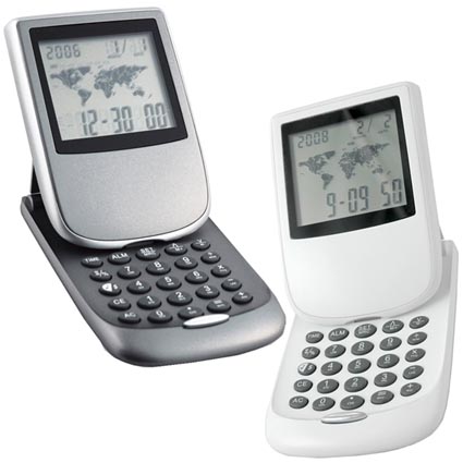 Promotional calculator with slide up display and world time alarm clock. Calculator with slide up display and various other features that make a perfect desk accompaniment as well as a handy travel device for those on the go; especially internationally.																				