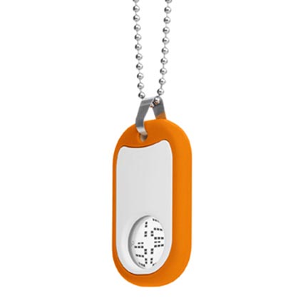 Promotional Dogtime Dog Tag Watches, a funky, broadly appealing clock or watch alternative ideal for adults and children alike. Manufactured from ABS plastic with a durable silicon jacket available in a choice of 6 modern colours to jazz up any campaign or business. This ingenious personalised watch is supplied on a 65cm metal ball chain and boasts the high accuracy digital quartz mechanism to provide the most accurate time movement, plus the innovative 'your time/my time' feature which displays the time at the appropriate angle for others to read when hanging straight and flips up the opposite way to display at the correct angle for you hold it towards yourself. An original, slightly different printed clock or watch that would make a practical gift or resale item for any client, ensuring that they always had the most accurate time on them whilst advertising your logo or brand everywhere you go.					