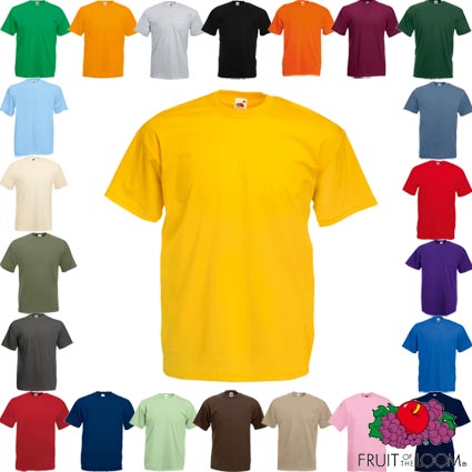 Personalised Fruit of the Loom value weight t shirts. 100% Cotton 165gsm weight rib crew neck. Full cut styling, shape retention. Twin needle stitching detail on neck, sleeves and hem. Provided in a range of 24 colours (and white, see alternate product 302003). An excellent tried and tested way to promote your message, brand, website, event etc.																																							