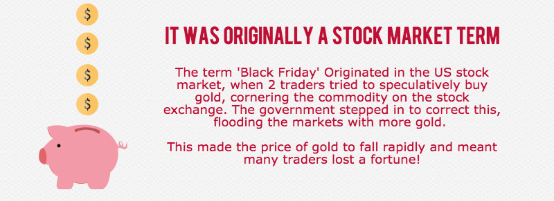 The term 'Black Friday' Originated in the US stock market, when 2 traders tried to speculatively buy gold, cornering the commodity on the stock exchange. The government stepped in to correct this, flooding the markets with more gold. This made the price of gold to fall rapidly and meant many traders lost a fortune!