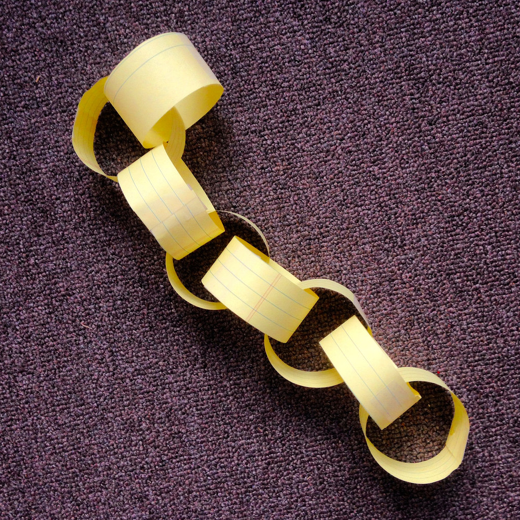 A paper chain made from office stationary.