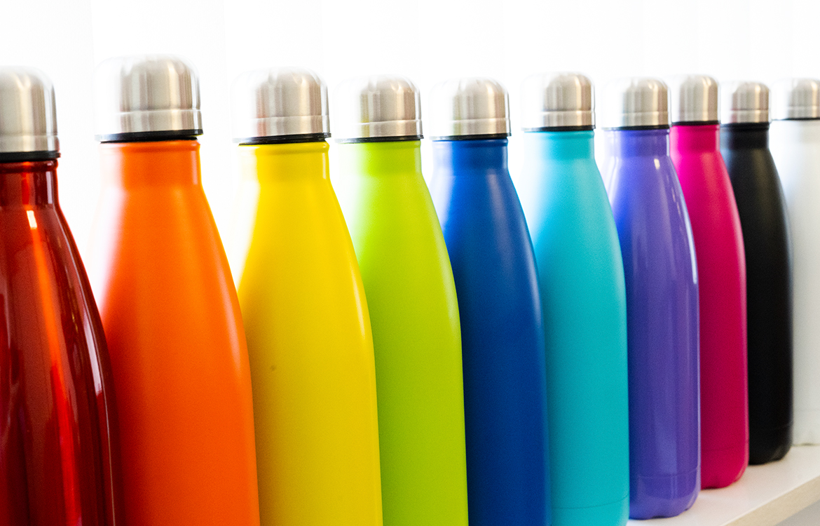 Colourful metal water bottles